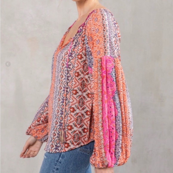 SOLD LOVESTITCH Hippie At Heart Volume Sleeve Blouse Size Small Pink Boho Top - Picture 10 of 10